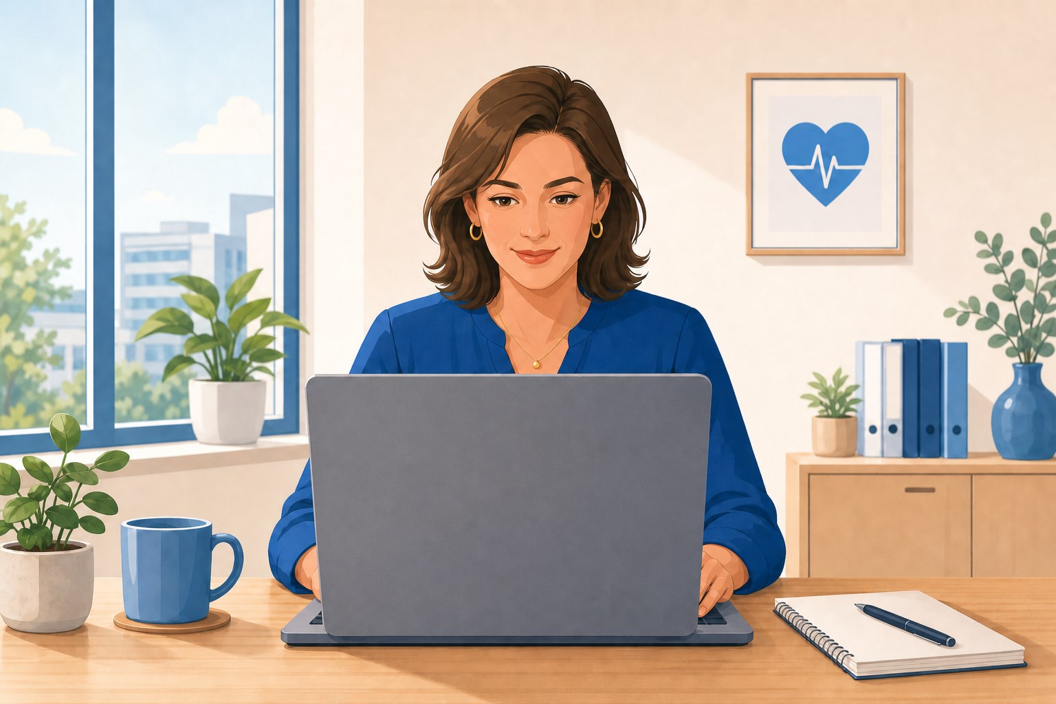 Een stafsecretaresse cardiologie werkt met een AI-assistent op de laptop